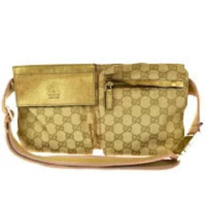 Gucci Sherry Waist Pouch Clutch Bag GG Beige Pink Gold Canvas Leather